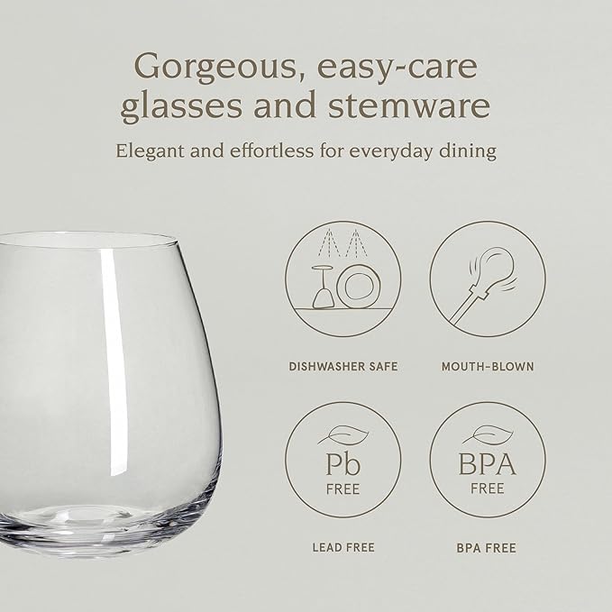 over&back 16oz Traditional Glassware - Set of 4 Classic Stemless Drinking Glasses for Parties, Get-togethers, and More - Mouth-Blown - Wine Cups for Kitchen and Dining Room - Clear