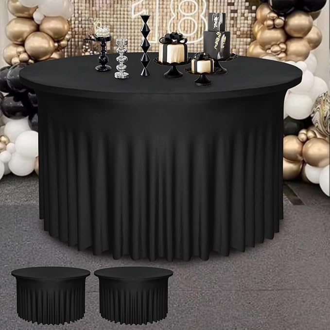 2 Pack Black Round Table Skirt, 60 Inch Diameter x 30 Inch Height, Stretch Polyester Spandex Tablecloth for 5ft Round Tables, Stain & Wrinkle Resistant for Wedding, Party, Banquet Decor