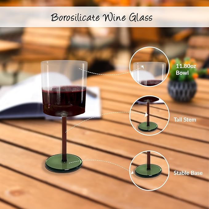 Gusto Buono 11.8oz Borosilicate Wine Glasses – Set of 4 Drinkware with Yellow & Green Stem | Handmade, Heat-Resistant, Dishwasher & Microwave Safe | Perfect for White & Red Wine, Parties & Gifts