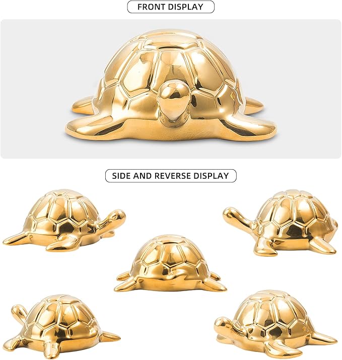 Golden Turtle Statue, Ceramic Turtle Ornament for Home Decor - Gold Tabletop Decoration, Collectible Decor for Elderly, Turtle Sculpture for Bookshelf, Desk, Nightstand