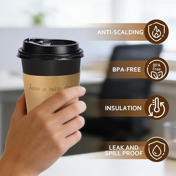 50 Pack 16 oz Disposable Coffee Cups with Lids, Paper Hot Coffee Cups with Sleeve and Straw, To Go Cups for Home, Office, and Party (Black 16oz)