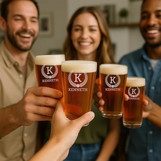Froolu Customized Gifts for Men - Personalized Beer Glass Set w Engraved Coasters - Monogram Etched Pilsner Glasses Great for Family Home Bar - Valentine's, Housewarming, Christmas & More.