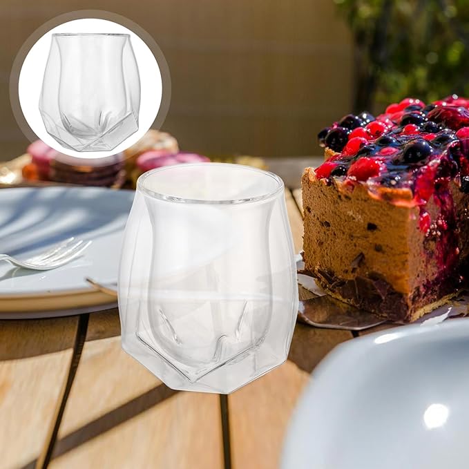 Double Layer Insulated Whiskey Glass with Unique Pentagonal Base, Small European Style Ribbed Glassware for Home Bars and Friendsgiving Cocktails