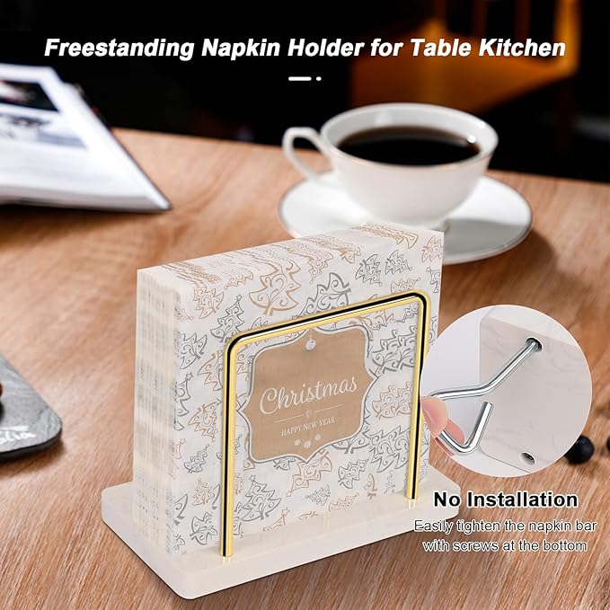 Livabber Napkin Holder, Metal Napkin Storage Modern Freestanding Tissue Paper Dispenser for Table Kitchen Countertop (Marble Base, Gold)