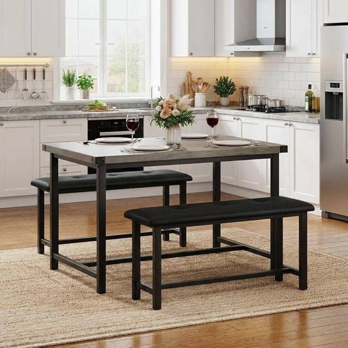 Garvee Dining Table with 2 Benches, Kitchen Table with 2 Upholstered Benches, 3 Piece Dining Table Set Space Saving for Apartment, Kitchen, 44.48" l x 27.58" w x 29.58" h, Grey