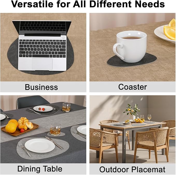 Placemats and Coasters, Washable Placemats Round Faux Leather Wipeable Place Mats Non Slip Heat Resistant Indoor Outdoor Table Mats (Set of 4, Light Gray Gray)