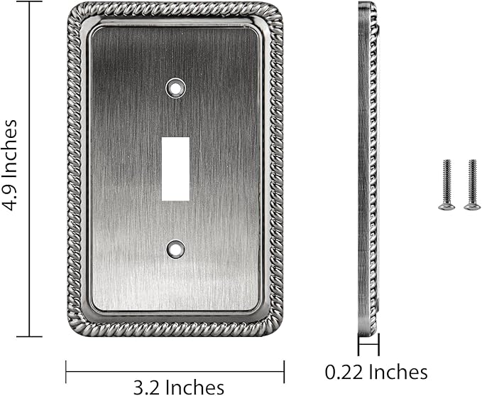 Henne Bery Rope Edge Decorative Wall Plate Switch Plate Outlet Cover (Single Toggle, 3 Pack, Heirloom Silver)
