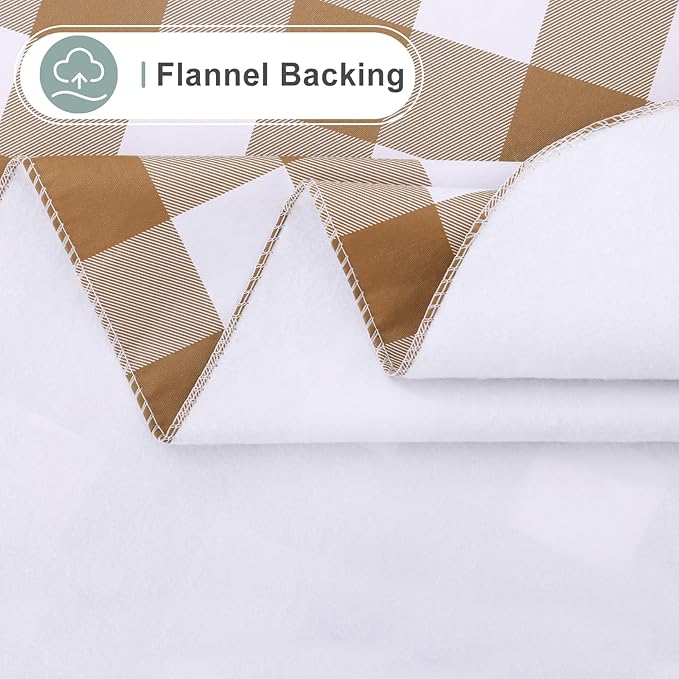 misaya Round Waterproof Vinyl Table Cloth, Buffalo Flannel Backed Tablecloth, Wipeable Plastic Table Cover for Dinner, Kitchen, Picnic (60", Brown and White)