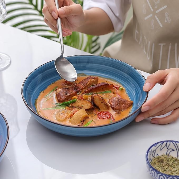 Selamica Ceramic Pasta Bowls Set 34 OZ, Large Salad Bowl 8.6 Inch Deep Plates for Pasta Soup, Microwave & Dishwasher Safe, Set of 6, Gradient Blue