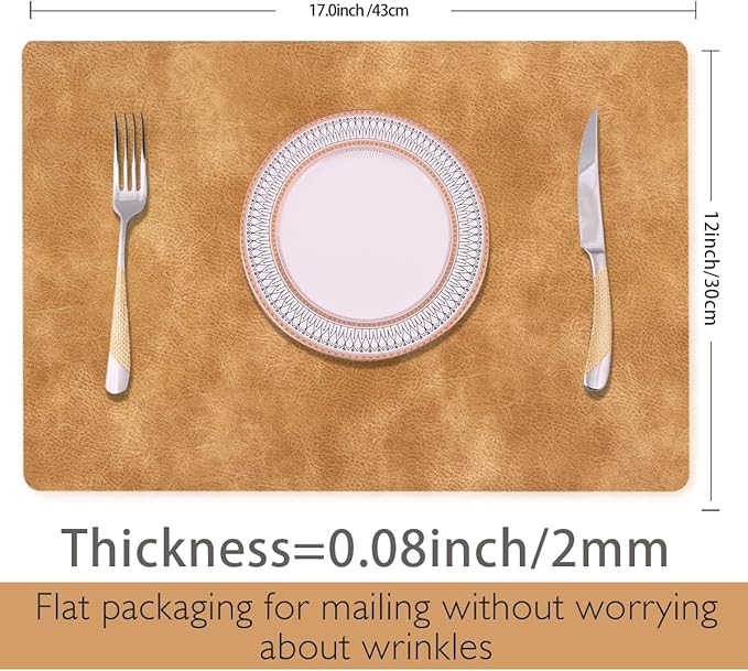 Faux Leather Eco-Friendly Placemats with Rounded Corners Set of 4,Oilproof&Heat-Resistant Place Mats,Waterproof&Stain Resistant Table Mats,Washable Non-Slip for Kitchen-Khaki