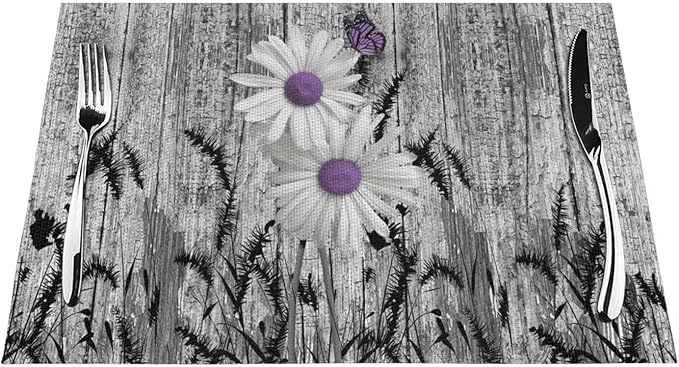 Placemats Set of 6 Rustic Floral Place Mats Farmhouse Daisy Woven Table Mats Washable Purple White Flower PVC Placemat for Dining Kitchen Decor Indoor Outdoor, 12 x 18 Inch