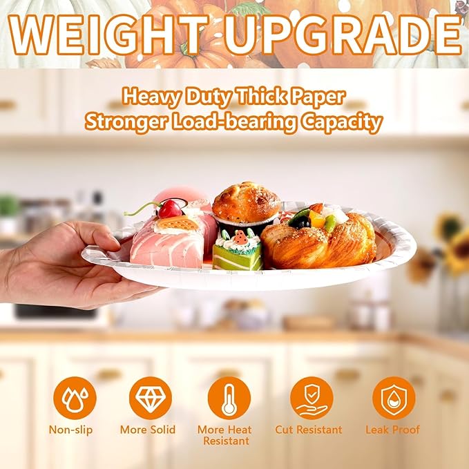 Grencian 50Pcs Fall Oval Paper Plates 10" x 12" Gray Plaid Orange Pumpkin Plate Disposable Fall Pumpkin White Plates Tableware Sets for Thanksgiving Autumn Holiday Dinner Party Supplies Decoration