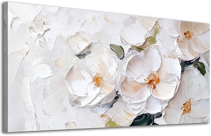 ADJUVANT Wall Art Impressionist Minimalist White Floral 48"L x 24"W, White Flowers With Subtle Tones Canvas Painting Delicate Petals Artwork Floral Wall Decor for Living Room Bedroom Bathroom Home Office