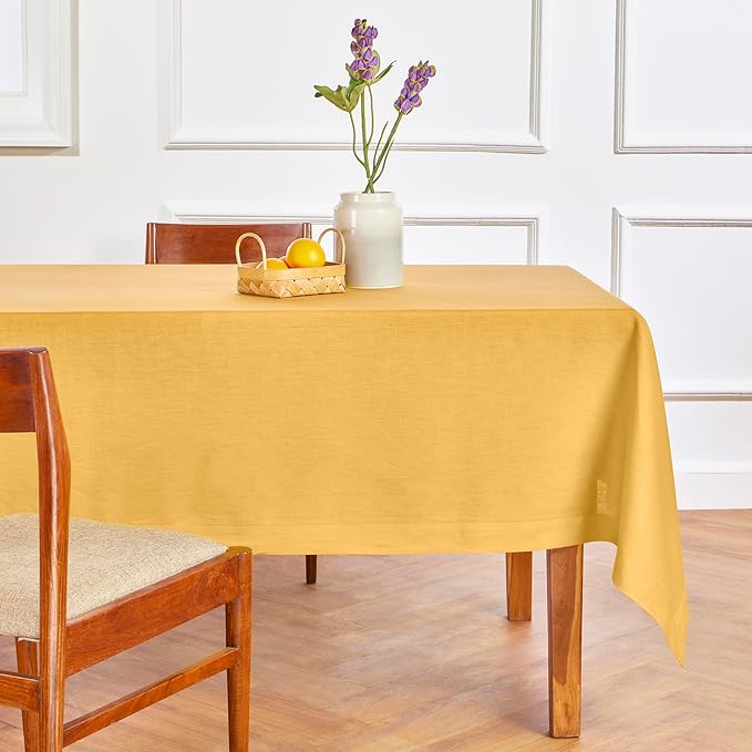 Solino Home Linen Tablecloth for Rectangle Tables 60 x 144 Inch - 100% Pure Linen Mustard Yellow Table Cloth - Fete, Machine Washable Cloth Tablecloth for Spring, Easter