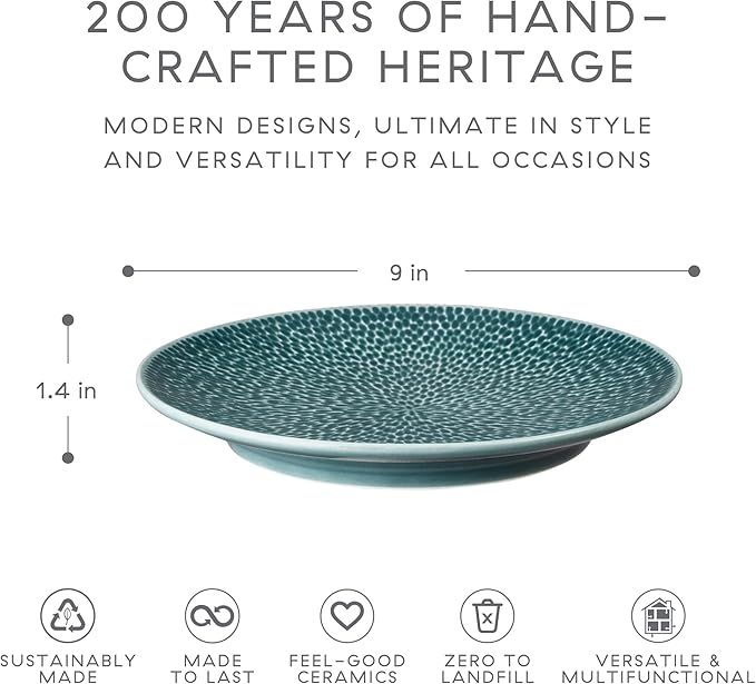 Denby - Carved Green Medium Plates Set of 4-9 Inch - Dishwasher Microwave Oven Safe - Uniquely Textured Porcelain Medium Plate - Scratch Chip Resistant