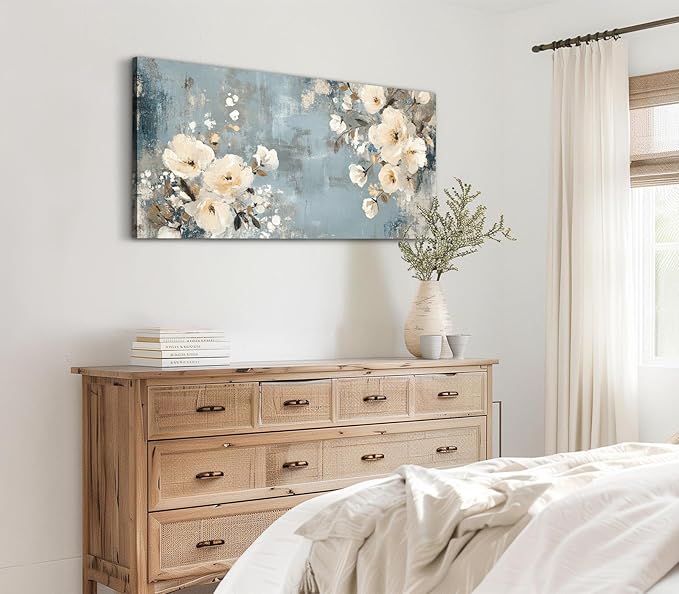 ADJUVANT Wall Art Vintage Floral 40" L x 20" W, Creamy Flowers On Distressed Blue Background Canvas Painting Blossoms Artwork Prints Floral Wall Decor for Living Room Bedroom Dining Room Home Office