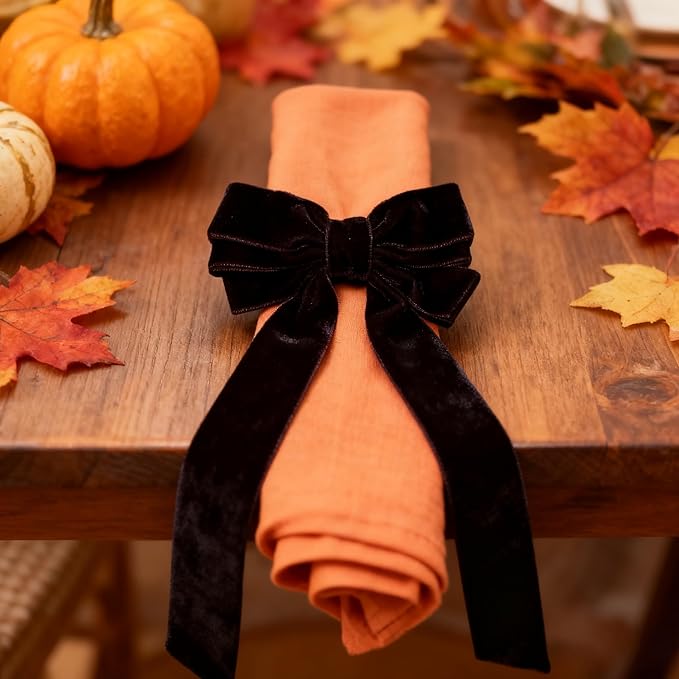 Bow Napkin Rings Set of 6 Luxury Soft Black Velvet Napkin Holders, Elegant Bow Design for Christmas Holiday Dinner Wedding Party Table Decor