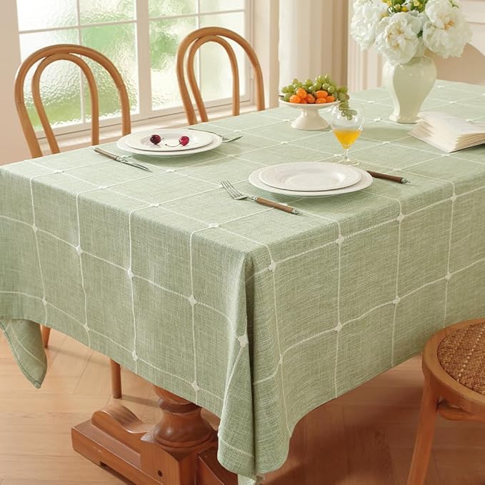 Zobesta Linen Green Table Cloth Checkered 86 x 53 Inch Linen Tablecloth Rectangle Tables, Farmhouse Soft Boho Tablecloth for Outdoor, Party, Holiday, Picnic, Dining