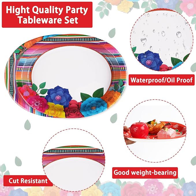 50Pcs Mexican Fiesta Party Plates 10" x 12" Large Disposable 400 GSM Heavy Duty Mexican Floral Stripes Oval Paper Plates Cinco De Mayo Decorations for Baby Shower Mexico Taco Party Supplies