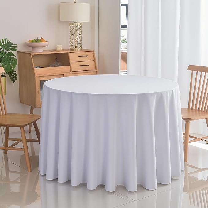 6-Pack Round 108-inch White Table Cloths, Solid Stain and Wrinkle Resistant Circular Tablecloth, Premium Plain Weave Polyester Fabric Table Linen Covers for Hotel, Banquet