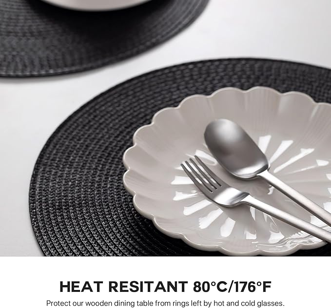 Round Placemats Set of 6 Plastic Woven Placemats Washable Wipeable Table Mats for Dining Table Heat Resistant Non-Slip Circle Place Mats (Black)