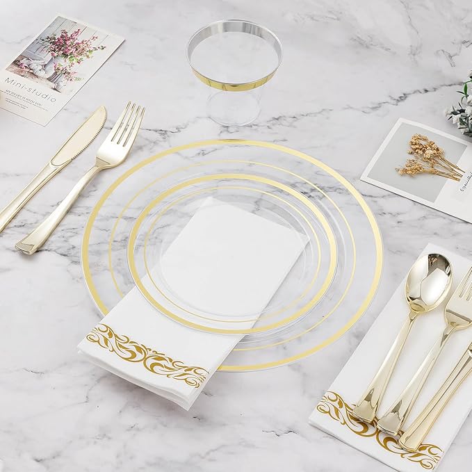 BESTVIP 350PCS Clear Gold Disposable Dinnerware Set for 50 Guests, Plastic Plates for Party, Wedding, Christmas, Include: 100 Plastic Plates, 50 Gold Silverware, 50 Cups, 50 Napkins