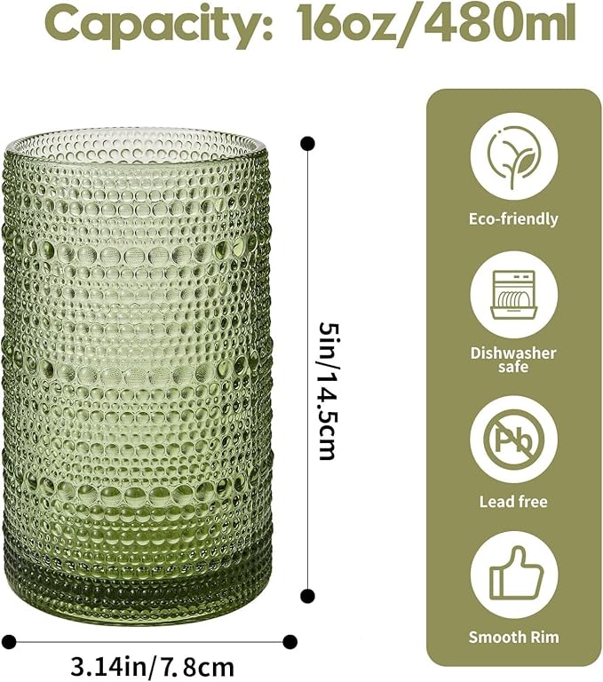 Vintage Hobnail Drinking Glasses Set of 6, 16 oz Large Capacity Embossed Green Tumblers, Highball Glasses for Water, Cocktail, Beer, Whiskey, Kitchen & Bar Use