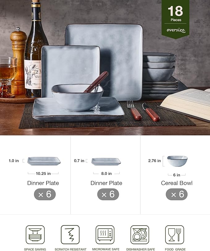 Famiware Ocean Square Plates and Bowls Set, 18 Pieces Dinnerware Sets, Dishes Set for 6, Reactive Glaze, Microwave and Dishwasher Safe, Scratch Resistant, Grey
