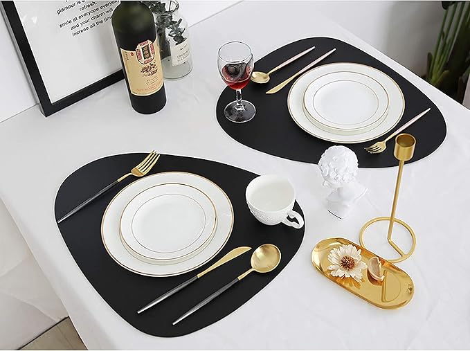 Black Placemats Set of 2, Faux Leather Placemats, Valentines Day Table Mats Set of 2, Wipeable Washable Placemat for Round Table, Mats for Kitchen Dining Patio Heat Resist Easy to Clean