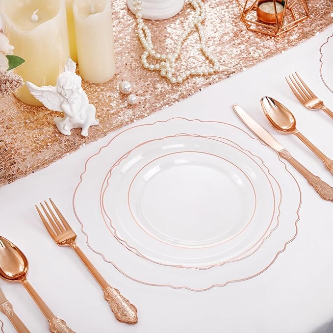 WDF 100pcs Rose Gold Plates Plastic Disposable - Baroque Clear and Rose Gold Plates for Parties or Weddings including 50PCS Dinner Plates 10.25’’ and 50PCS Salad Plates 7.5’’
