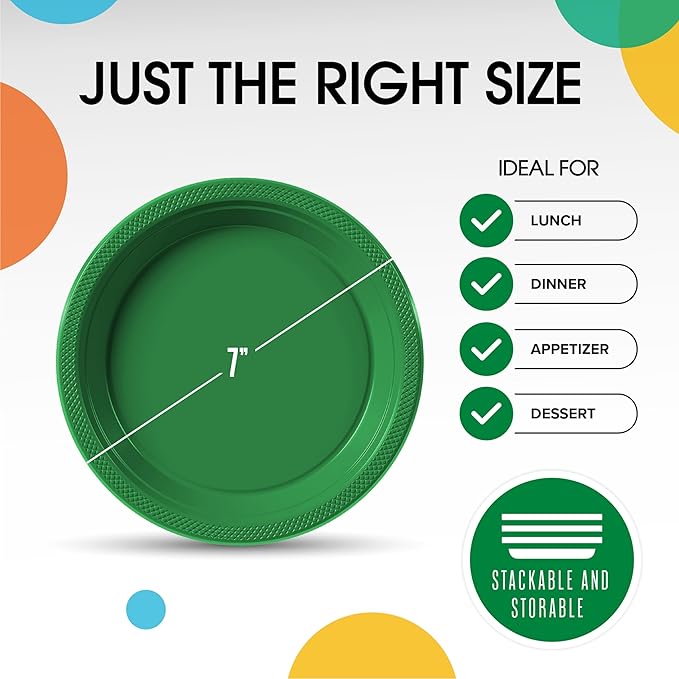 Emerald Green Plastic Plates For Party 7" Emerald Green Disposable Plates Heavy Duty 100 Pcs Plastic Dinnerware Sets Heavy Duty 350 GSM Disposable Dinnerware Set