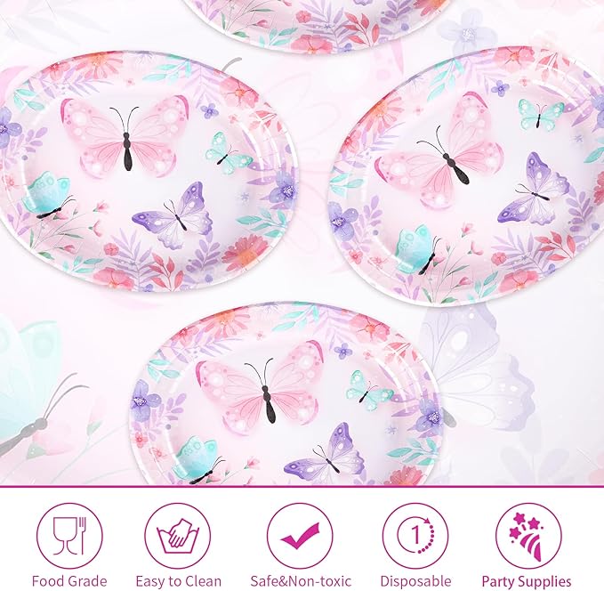 50Pcs Butterfly Oval Paper Plates 10" x 12" Large Disposable Heavy Duty Watercolor Butterfly Floral Party Plates Pink Spring Dessert Platters for Girls Baby Shower Butterfly Birthday Party Supplies