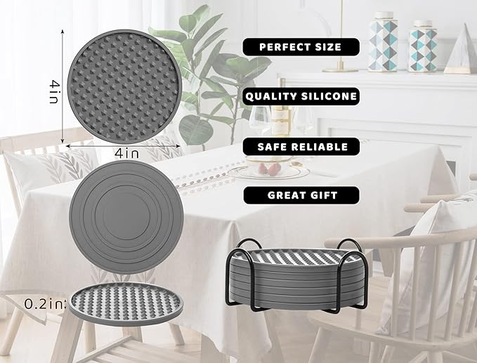 Coasters for Drinks 6 Pack Drinking Coasters with Holder,Heat Resistant Silicone Cup Mat Tabletop Protection,Non-Slip Rubber Coaster for Kinds of Cups (Grey)