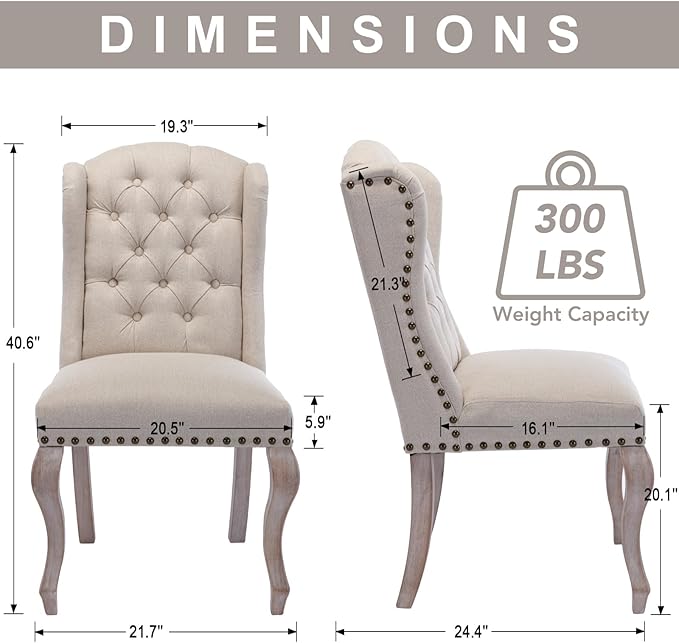 chairus Tufted Parsons Dining Chairs Set of 4, French Country Upholstered Dining Room Chairs with Nailhead Trim & Curved Wood Legs, Farmhouse High Back Armless Side Kitchen Chairs, Beige Linen