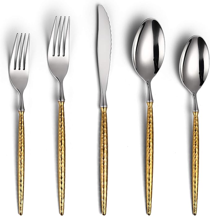 Lemeya 20-Piece Hammered Silver Gold Silverware Set,18/10 Stainless Steel Forging Heavy Duty Cutlery Set for 4, Luxury Unique Flatware Set,Spoons and Forks Set,Mirror Polished,Dishwasher Safe
