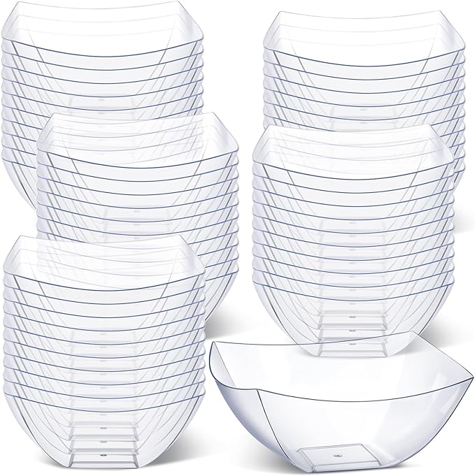 Tanlade 50 Pcs Square Plastic Serving Bowls Disposable Snack Salad Bowl Small Party Candy Bar Containers Taco Bar Serving Dishes for Buffet Chips Fruit (12 oz,Clear)