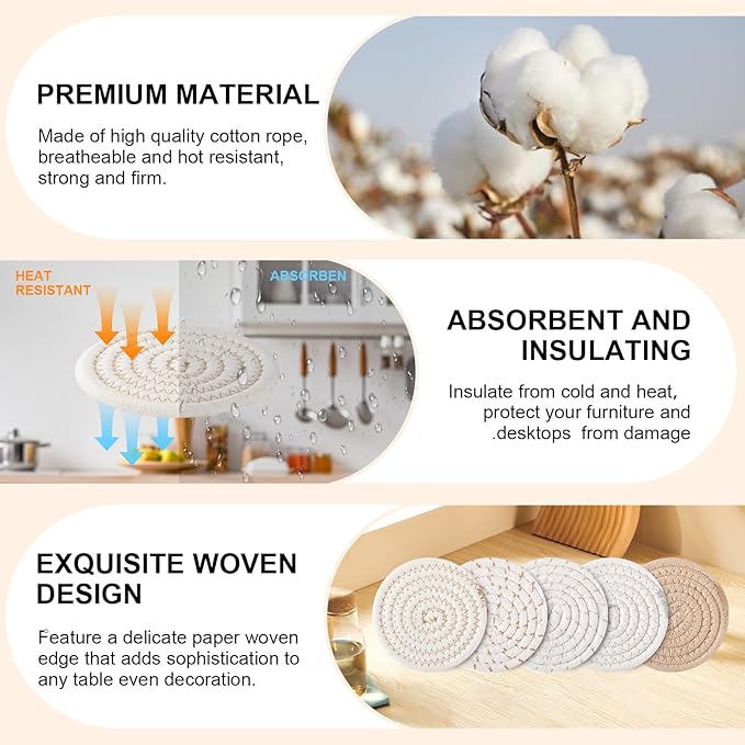 OIAHOMY 10 Pcs Drink Coasters with Holder, Boho Cotton Woven Coaster Set, Absorbent Coaster Protection for Various Cups, Ideal for Coffee Tables Home Decor and Gift, 4.3 Inches,Mixed Yellow