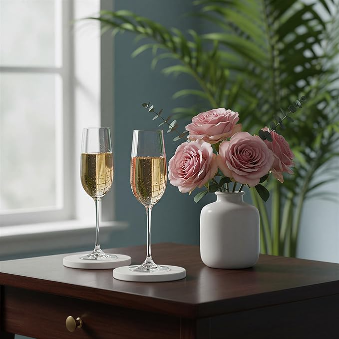 CASACOUTURE- Absorbent Stone Coasters Set of 4 - Round 4" Diameter Cream White Marble Drink Coasters for Housewarming Gift,Genuine Natural Semi