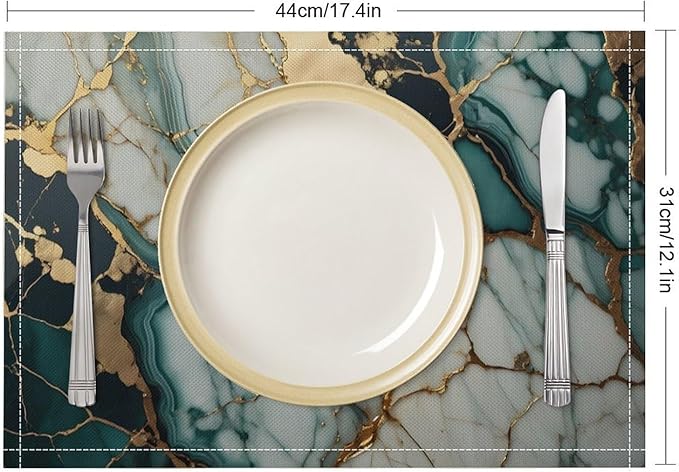 Marble Linen Placemats Set of 2, Modern Abstract Foil Texture White Green Gold Marble Washable Place Mats, Non Slip Placemat for Home Party Dining Tables Wedding Kitchen Banquets Decor 12x17 Inch