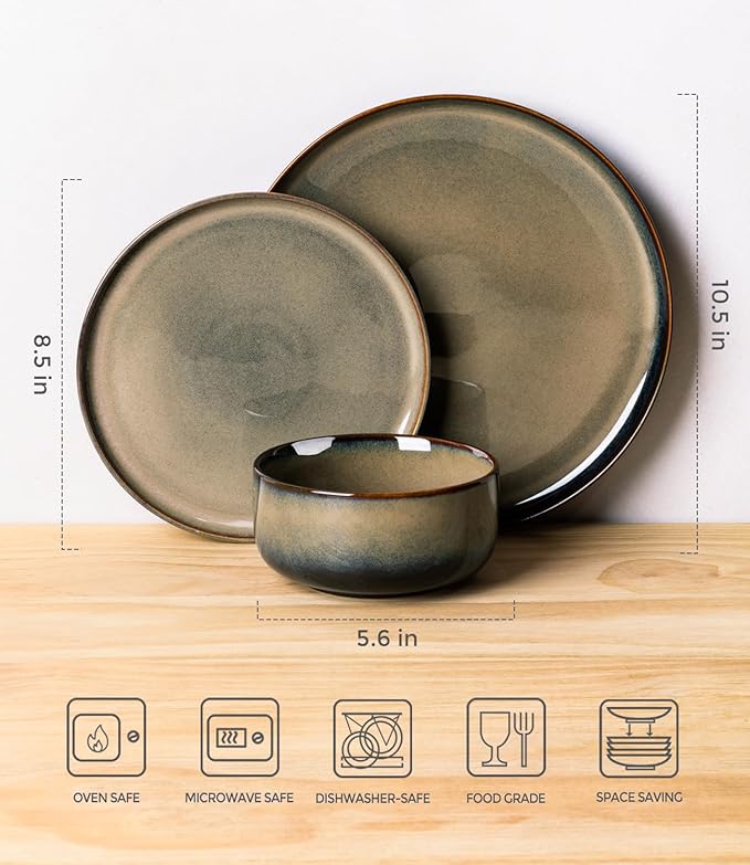 TheTerra Ceramic Dinnerware Sets for 8, 24 Pieces Handmade Reactive Glaze Plates and Bowls Set, Scratch Resistant Dish Set, Oven & Microwave & Dishwasher Safe, Cocoa Clay