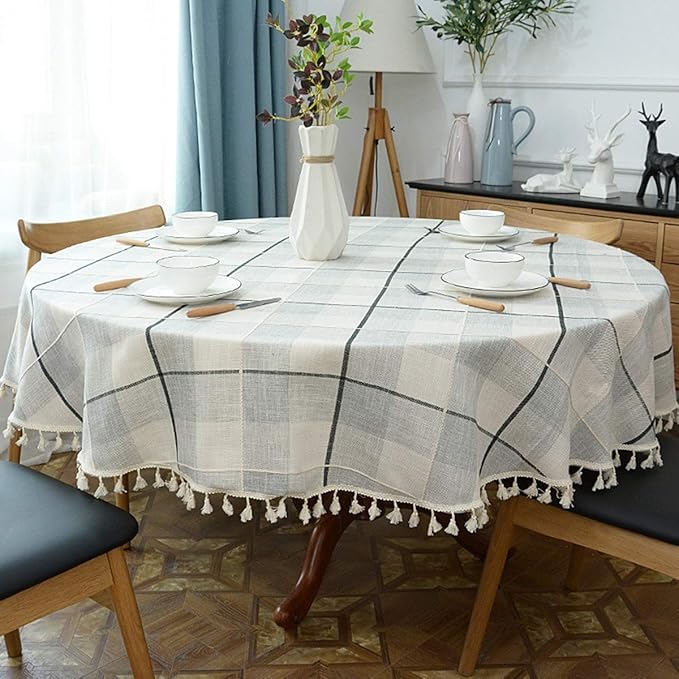 Dimatic Heavy Weight Cotton Linen Tablecloth, Plaid Tassel Round Table Cover for Kitchen Dining Room Tabletop Decorations, Round - 63", Grey Check