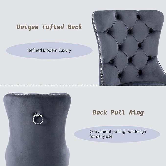 KCC Velvet Dining Chairs Set of 2, Upholstered High-end Tufted Dining Room Chair with Nailhead Back Ring Pull Trim Stainless Steel Legs, Contemporary Nikki Collection Modern Style for Kitchen, Gray