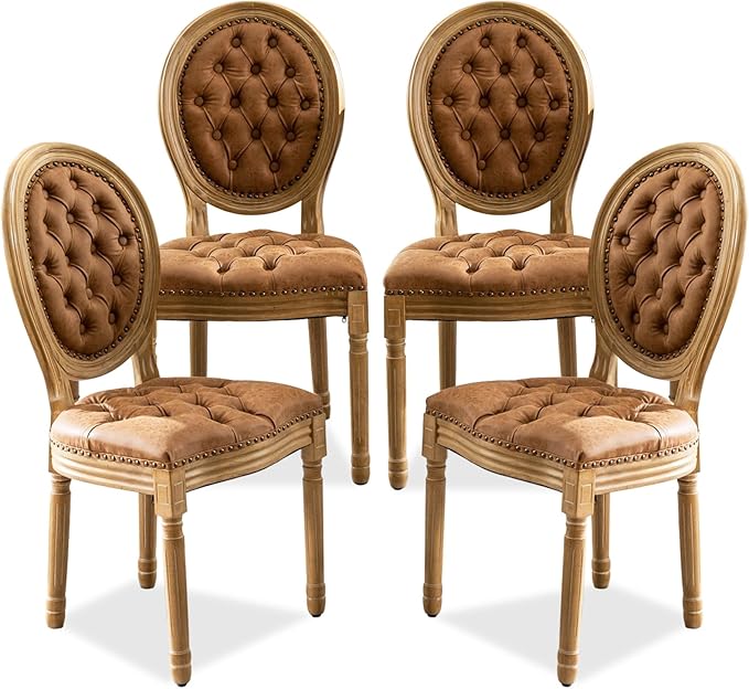 SoarFlash French Dining Chairs Set of 4, Vantage Dining Chair with Round Back, Farmhouse Country PU Leather Dining Chair for Kitchen,Bedroom,Orange