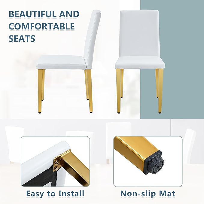 White Dining Chairs Set of 8,Faux Leather with Gold Metal Legs,Armless Kitchen Room Chairs Set of 8,Max Load 300 Lbs,High Back Modern Design for Home Kitchen Living Room Bedroom