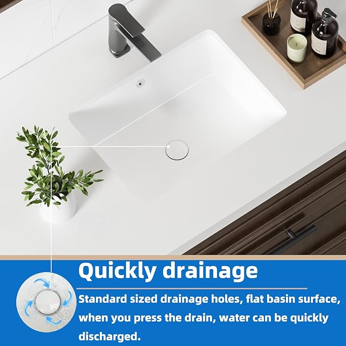 18 Inch White Rectangle Vessel Sink for Bathrooms 18.3" x 13.78" Small Undermount Bathroom Sink Ceramic Porcelain Under Counter Basin Sink with Overflow 465mm x 350mm Lavamanos Para Baños KINGWONG