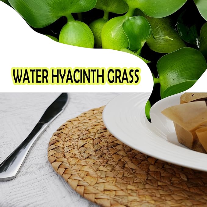 ANDSTAR Round Woven Placemats Set of 4, 12"x12", Natural Wicker Placemats, Water Hyacinth Straw Braided Placemats,Boho Place Mats for Farmhouse, Rustic Table (Water Hyacinth in Natural Color)