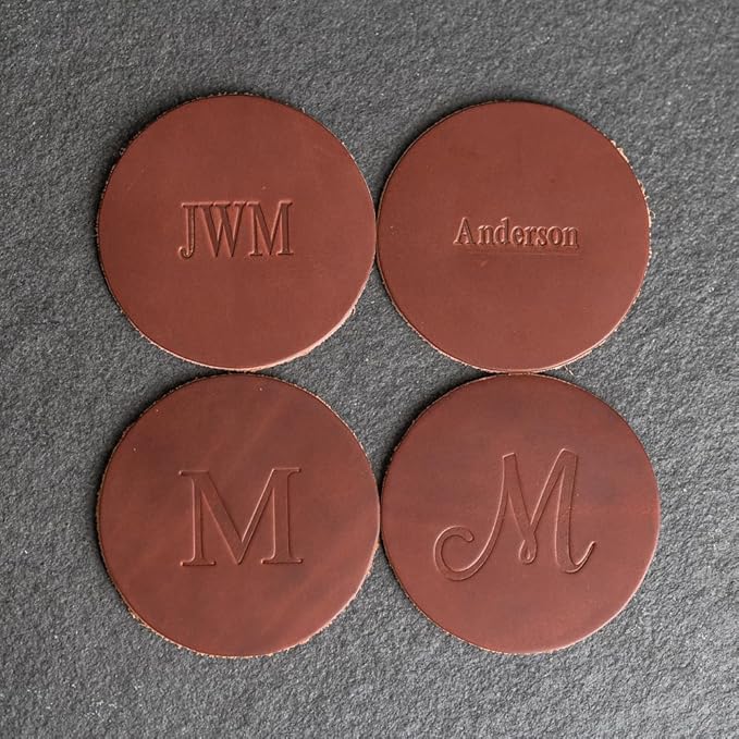 Ox & Pine Personalized Leather Coaster - Sold Individually or in Sets of 4 - Customize Inscription - 100% Full-Grain Leather – 4" Round or 4" Square (Square, Brown, Set of 4 Coasters)