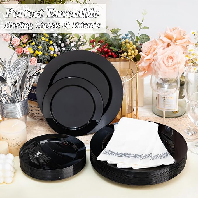 BESTSTAR 200PCS Black Plastic Plates Set, 100 10.25 inch Dinner Plates and 100 7.5 inch Dessert Plates, Premium Disposable Plates for Party, Wedding,Halloween