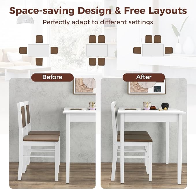 POWERSTONE Farmhouse Wood Dining Table Set for 4, Space-Saving Kitchen Table 4 Chairs Paded PU Leather, Rectangular 5 Piece Dining Table Set 4 Rubberwood Legs Chairs for Kitchen Indoor Dinner (White)