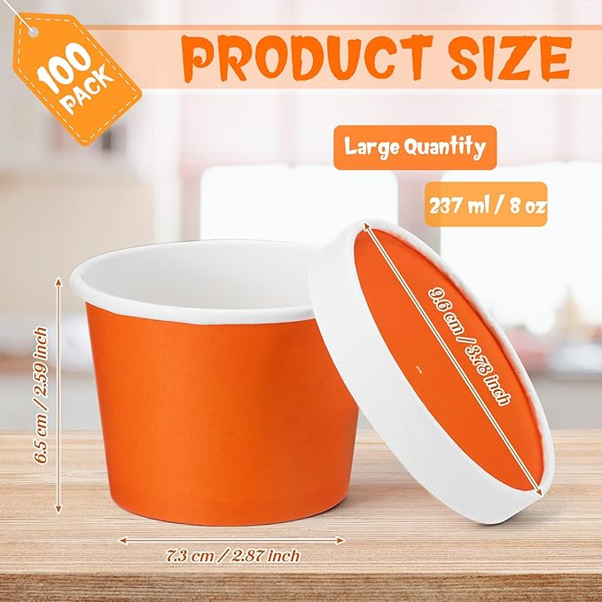 Fulmoon 100 Pack Paper Soup Containers with Lids Disposable Paper Food Containers with Vented Lid Kraft Ice Cream Cake Dessert Cups Soup Bowl for Party Hot Food Fruit Microwave(8 oz,Orange)